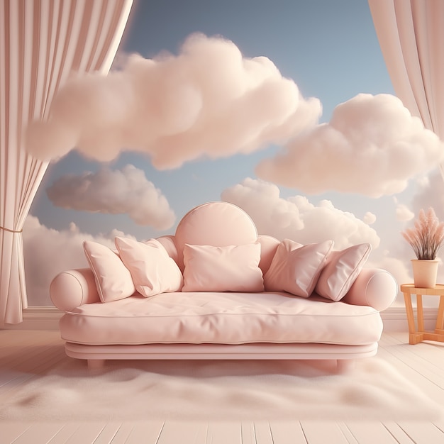 Uitzicht op 3d-sofa met pluizige wolken