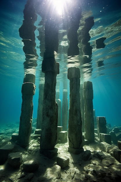 Gratis foto uitzicht op archeologische ruïnes van onderwatergebouwen