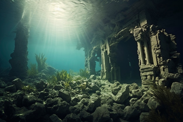Uitzicht op archeologische ruïnes van onderwatergebouwen