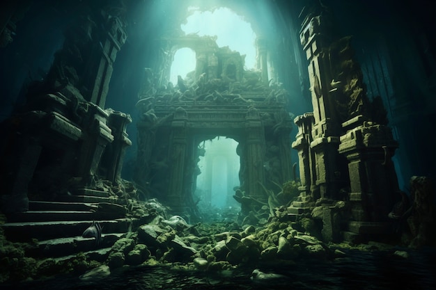 Uitzicht op archeologische ruïnes van onderwatergebouwen