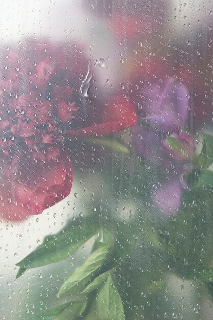 Uitzicht op bloemen achter transparant glas met waterdruppels