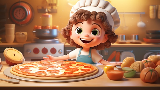 Gratis foto uitzicht op cartoon jonge chef-kok met heerlijke 3d pizza