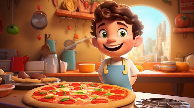 Gratis foto uitzicht op cartoon jonge chef-kok met heerlijke 3d pizza