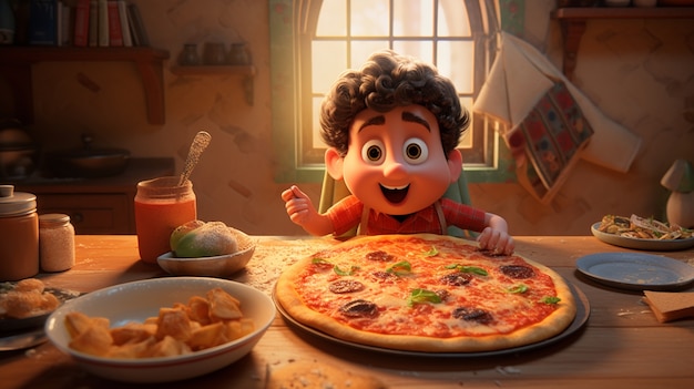 Uitzicht op cartoon kind met heerlijke 3d pizza