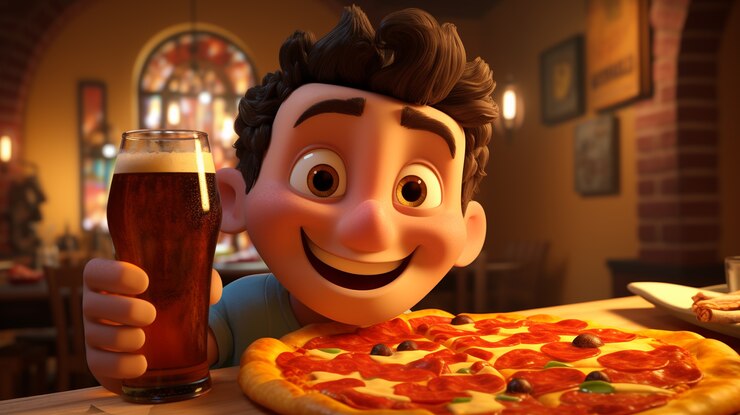 Gratis Foto uitzicht op cartoon kind met heerlijke 3d pizza