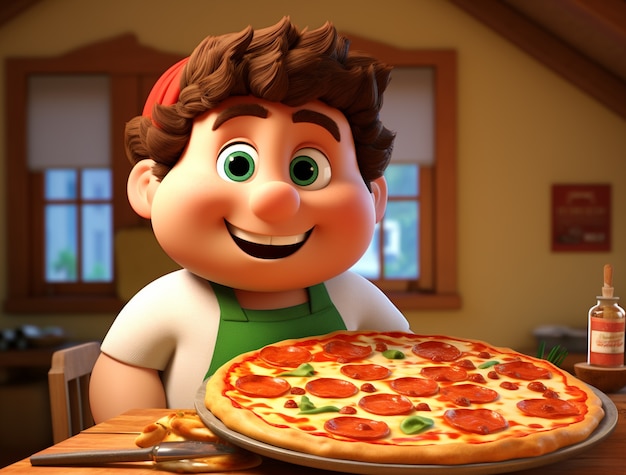 Gratis foto uitzicht op cartoon kind met heerlijke 3d pizza