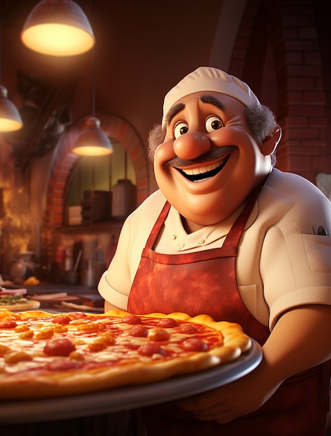 Uitzicht op cartoon mannelijke chef-kok met heerlijke 3d pizza