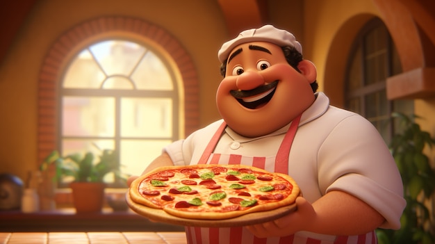 Gratis foto uitzicht op cartoon mannelijke chef-kok met heerlijke 3d pizza