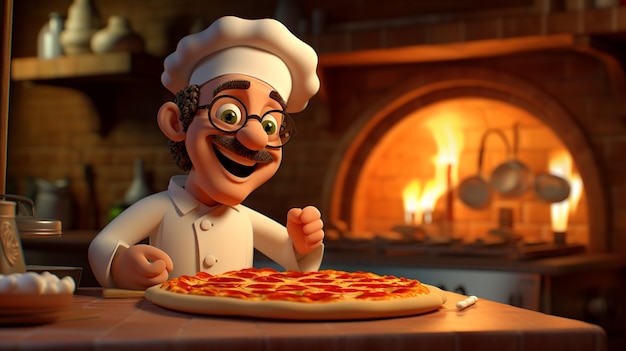 Gratis foto uitzicht op cartoon mannelijke chef-kok met heerlijke 3d pizza