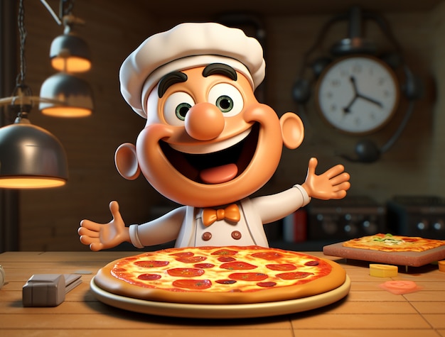 Gratis foto uitzicht op cartoon mannelijke chef-kok met heerlijke 3d pizza