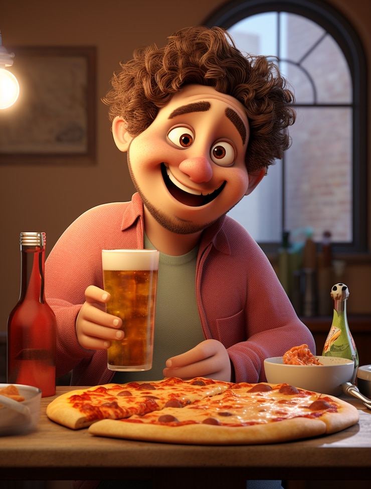 Gratis Foto uitzicht op cartoonman die geniet van een heerlijke 3d-pizza