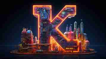 Gratis foto uitzicht op de 3d-letter k met de stad's nachts