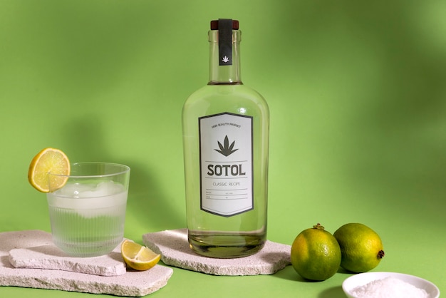 Uitzicht op de Mexicaanse sotol drank met glazen fles