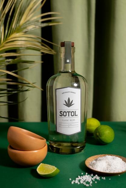 Gratis foto uitzicht op de mexicaanse sotol drank met glazen fles