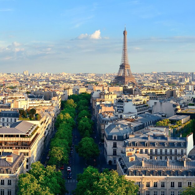Uitzicht op de skyline van Parijs op het dak en de Eiffeltoren in Frankrijk.