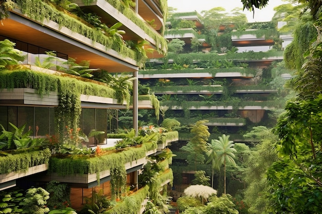 Uitzicht op de stad met appartementsgebouwen en groene vegetatie