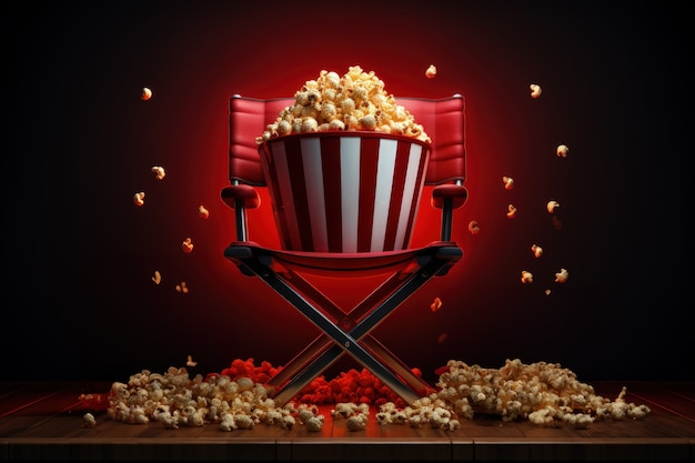 Uitzicht op de stoel van de 3D-filmregisseur met popcorn