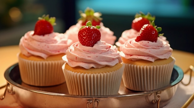 Uitzicht op dienblad gevuld met heerlijke en zoete cupcake-desserts