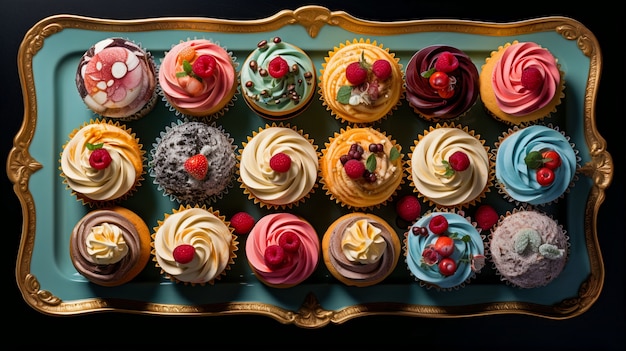 Gratis foto uitzicht op dienblad gevuld met heerlijke en zoete cupcake-desserts