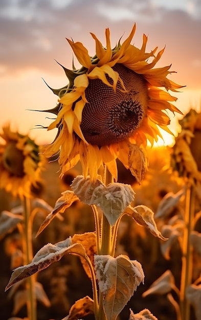 Uitzicht op droge zonnebloemen