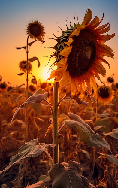 Uitzicht op droge zonnebloemen