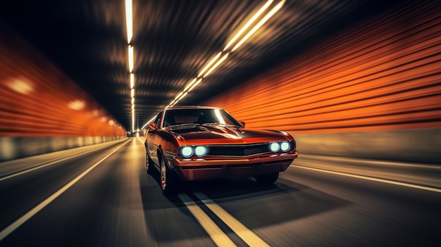 Uitzicht op een auto die met hoge snelheid in een tunnel rijdt