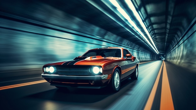 Uitzicht op een auto die met hoge snelheid in een tunnel rijdt