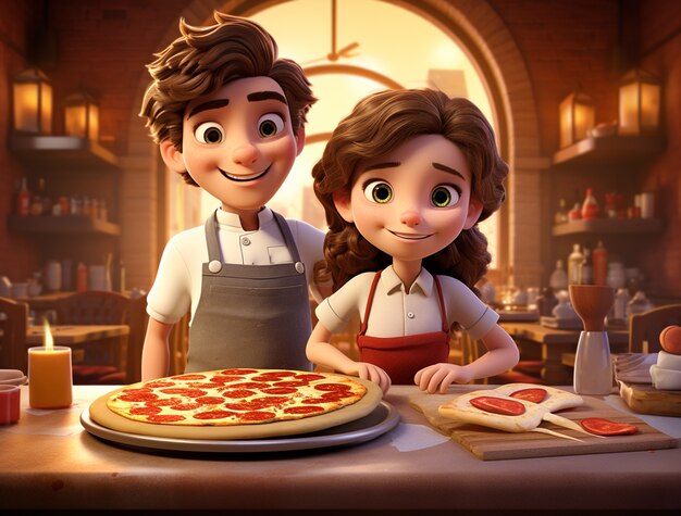 Uitzicht op een cartoon koppel met heerlijke 3d pizza
