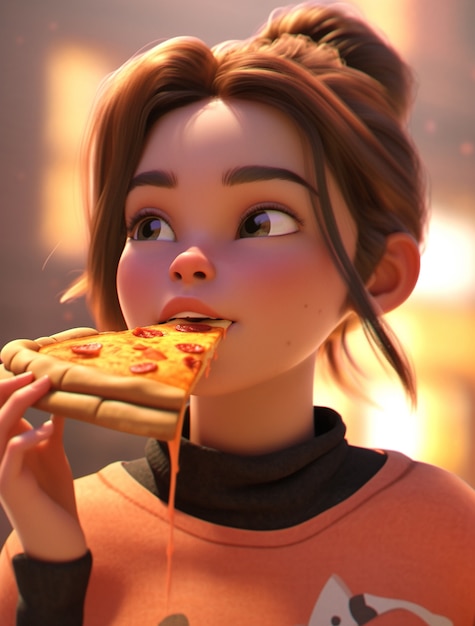 Gratis foto uitzicht op een cartoonvrouw die geniet van een heerlijke 3d-pizza