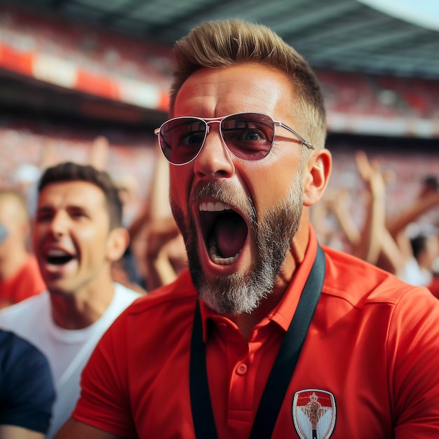 Uitzicht op een extatische voetbalfan die feest viert