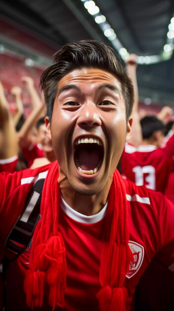 Uitzicht op een extatische voetbalfan die feest viert