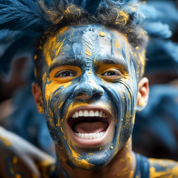 Gratis foto uitzicht op een extatische voetbalfan met geschilderd gezicht die geniet van een wedstrijd