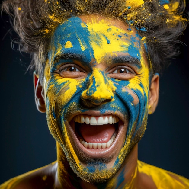 Gratis foto uitzicht op een extatische voetbalfan met geschilderd gezicht die geniet van een wedstrijd