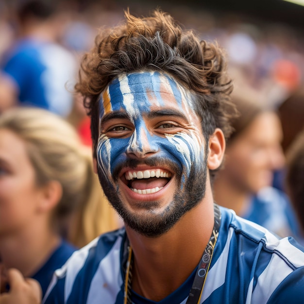 Gratis foto uitzicht op een extatische voetbalfan met geschilderd gezicht die geniet van een wedstrijd