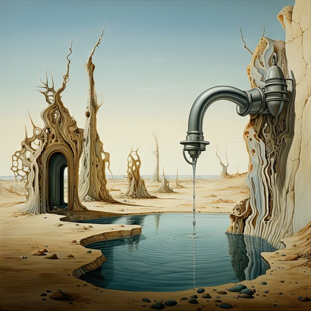 Uitzicht op een fantasie-kraan met stromend water en een surrealistisch landschap voor de bewustwording van de Wereldwaterdag