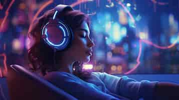 Gratis foto uitzicht op een futuristische persoon die naar muziek luistert met een koptelefoon