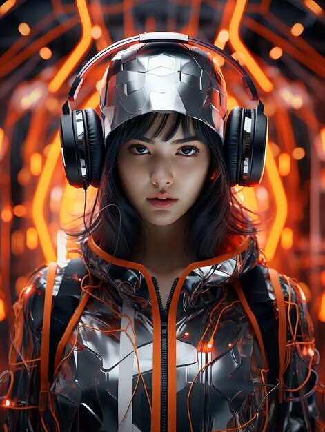 Uitzicht op een futuristische persoon die naar muziek luistert met een koptelefoon