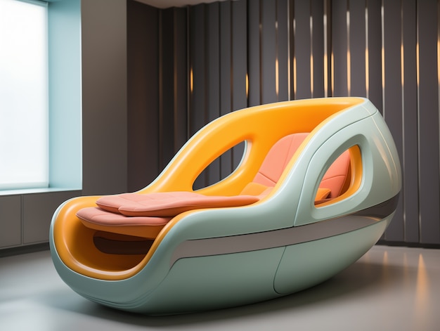 Uitzicht op een futuristische slaapkamer met meubels