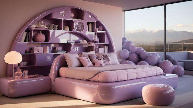 Uitzicht op een futuristische slaapkamer met meubels