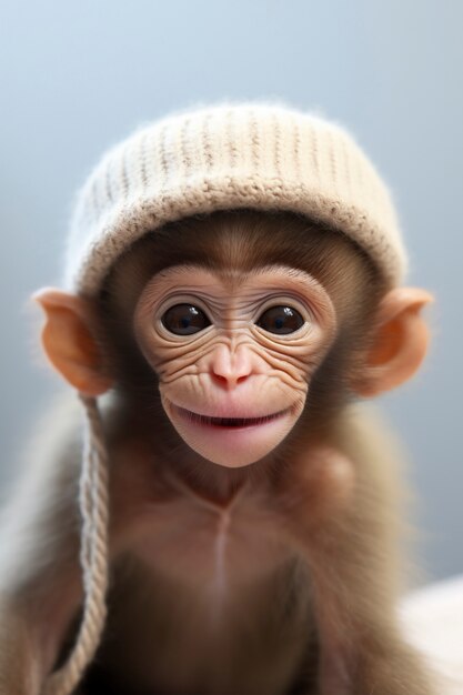 Uitzicht op een grappige aap met een gebreide hoed