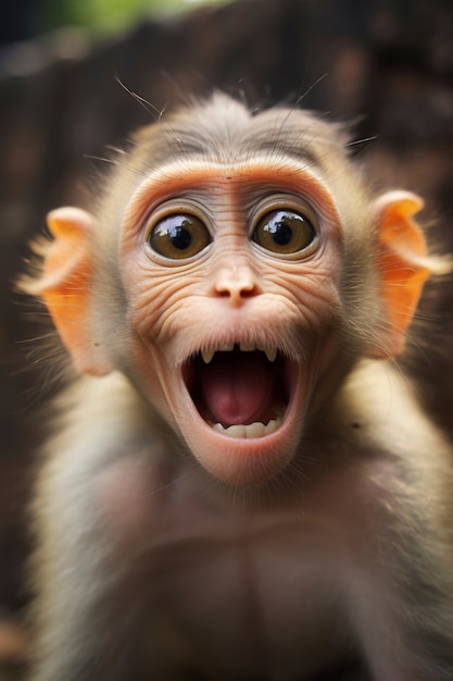 Uitzicht op een grappige aap met een wijd geopende mond