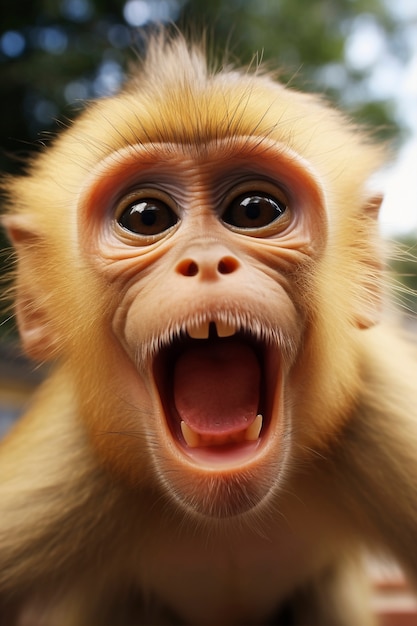 Uitzicht op een grappige aap met een wijd geopende mond