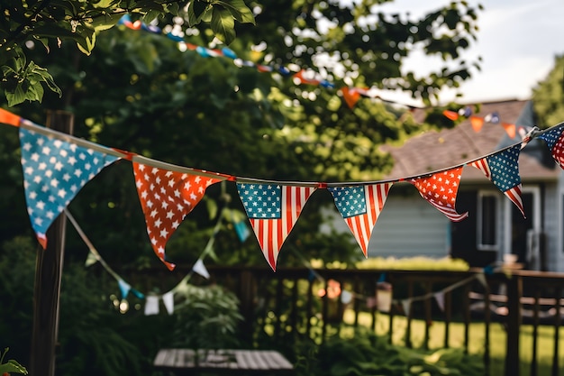 Uitzicht op een huis versierd met Amerikaanse vlagkleuren ornamenten voor de viering van de Onafhankelijkheidsdag