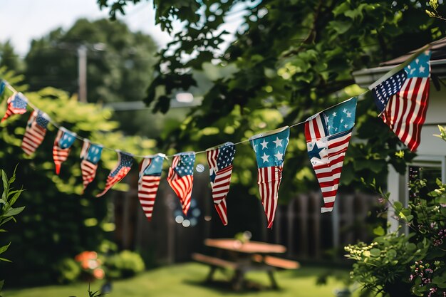 Uitzicht op een huis versierd met Amerikaanse vlagkleuren ornamenten voor de viering van de Onafhankelijkheidsdag