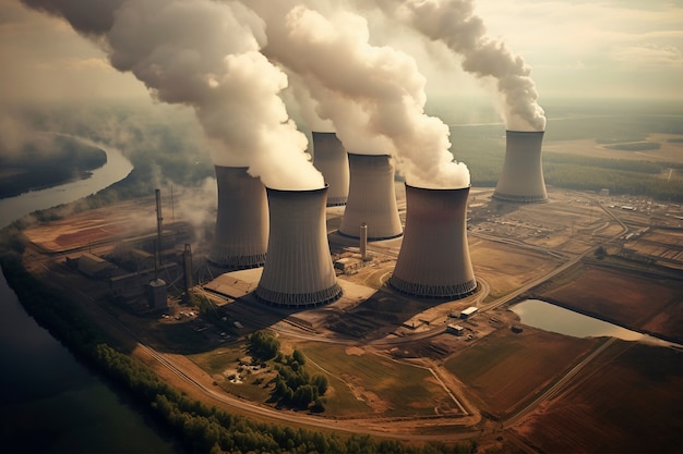 Uitzicht op een kerncentrale met torens die stoom uit het proces loslaten
