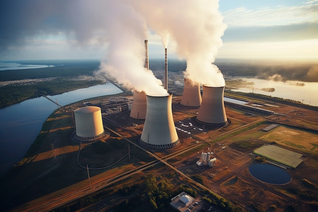 Uitzicht op een kerncentrale met torens die stoom uit het proces loslaten