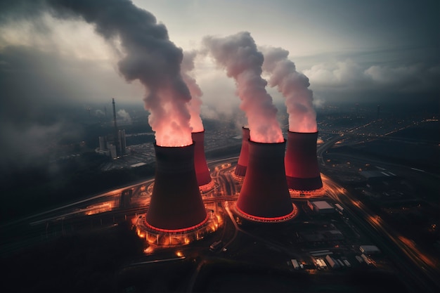 Gratis foto uitzicht op een kerncentrale met torens die stoom uit het proces loslaten