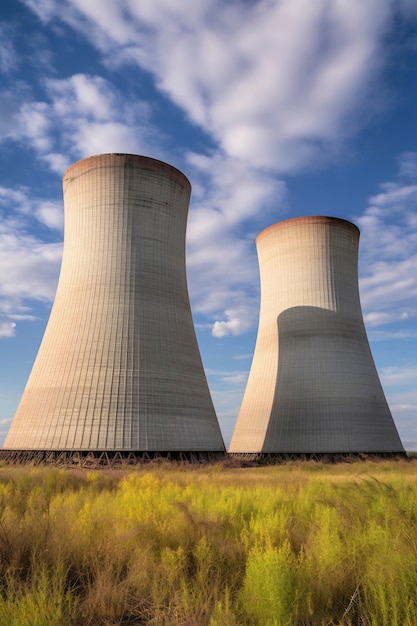 Gratis foto uitzicht op een kerncentrale met torens die stoom uit het proces loslaten