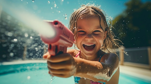 Gratis foto uitzicht op een kind bij het zwembad met een waterpistool