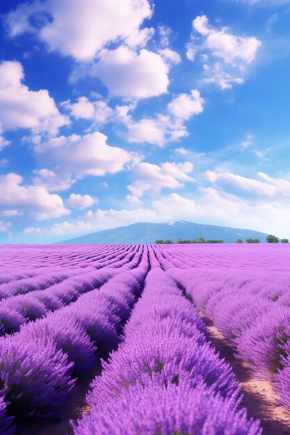 Uitzicht op een natuurlandschap met een lavendelveld